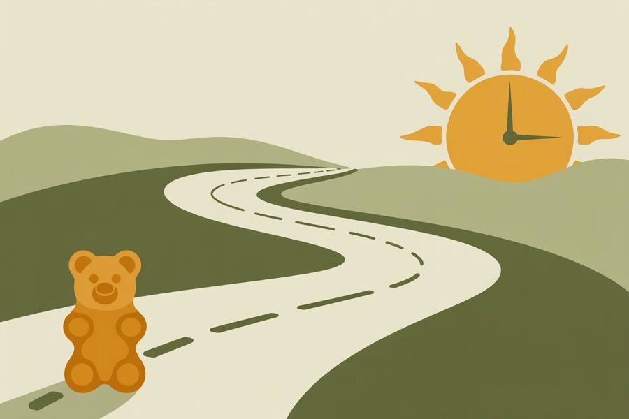 Illustration of a gummy bear at the start of a long winding road rising and falling toward a clock-shaped sun — the slow arc of an edible high