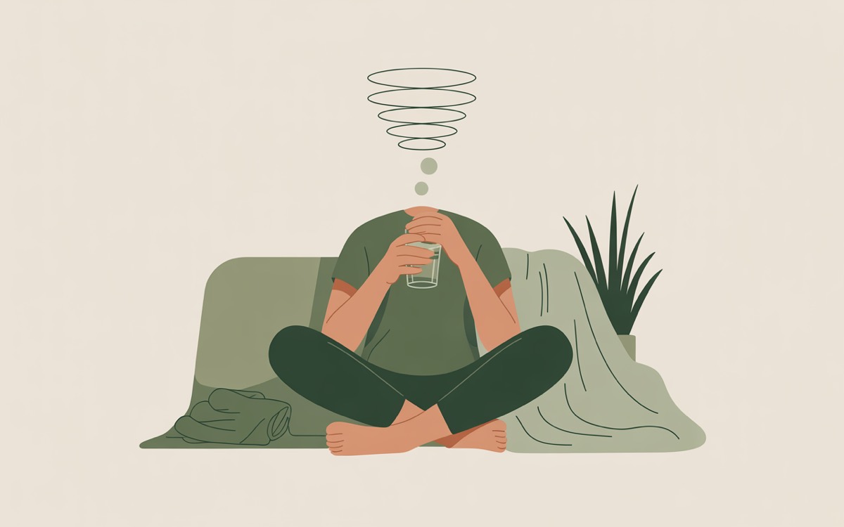 Flat illustration of a person sitting cross-legged with a glass of water and a blanket while a dizzy spiral above them dissolves into calm dots